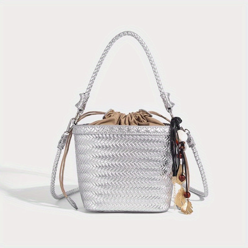 Woven Bucket Bag for Women - Drawstring Closure, Adjustable Shoulder Strap & Wristlet, Split Leather Carryall (White, Black, Burgundy, Coffee)