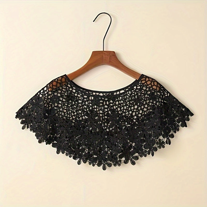 Hollow-Out Lace Pullover Shawl Cape – Lightweight Monochrome Summer Knit Poncho