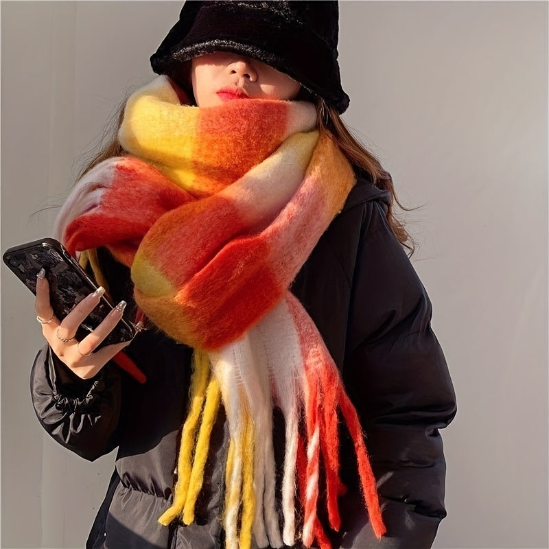Women's Bohemian Plaid Tassel Scarf — Thick Faux Mohair Rainbow Shawl 240 cm (94.5 in)