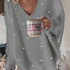 Plus Size V-Neck Sweater – Yellow Geometric Knit with Pearl Buttons & Fleece-Lined Cuffs, Asymmetrical Hem