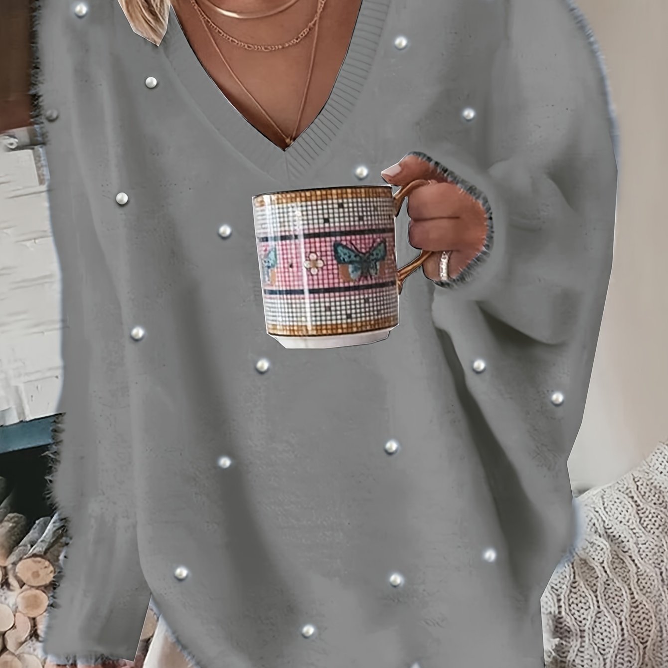 Plus Size V-Neck Sweater – Yellow Geometric Knit with Pearl Buttons & Fleece-Lined Cuffs, Asymmetrical Hem