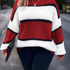 Plus-Size Striped Long Sleeve Knit Sweater – Halter Neck Color Block Pullover (Green, Black & White)