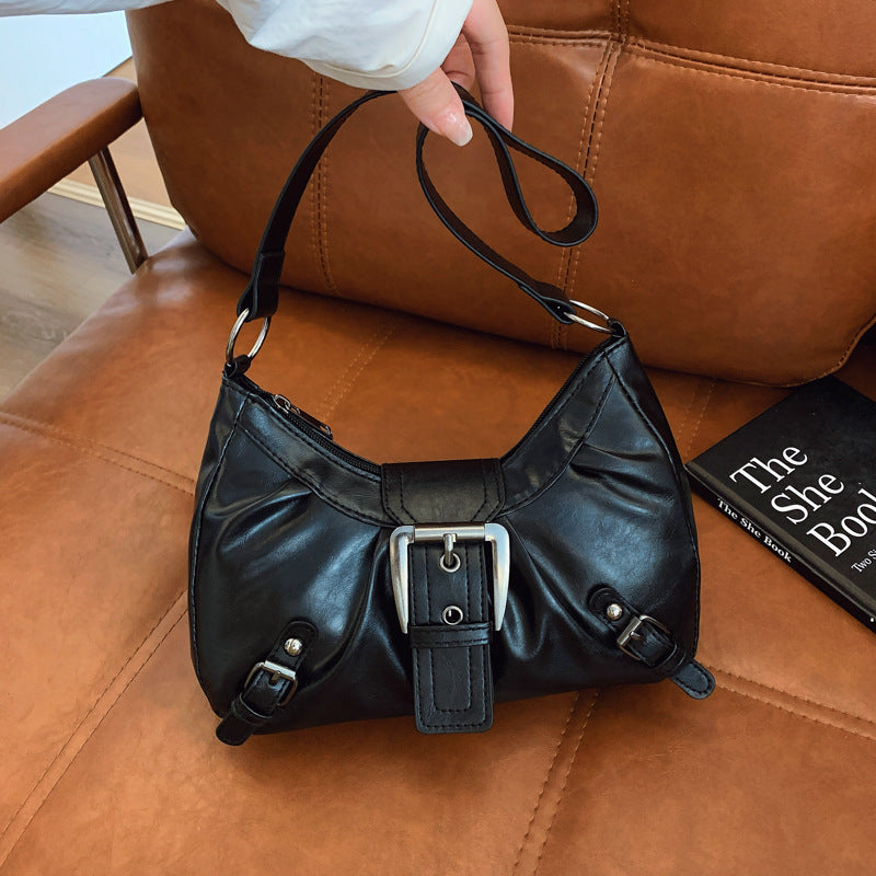 Maillard-Inspired Vintage Wasteland Baguette Shoulder Bag for Women – PU Leather, Metallic Hardware, Zipper Closure, Red/Black