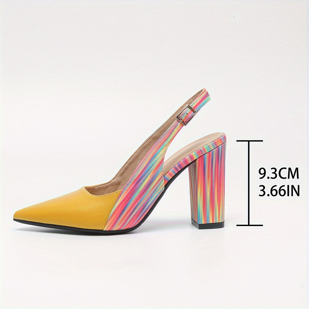 Rainbow Chunky Block Heel Pointed-Toe Non-Slip Slip-On Women's Heeled Sandals