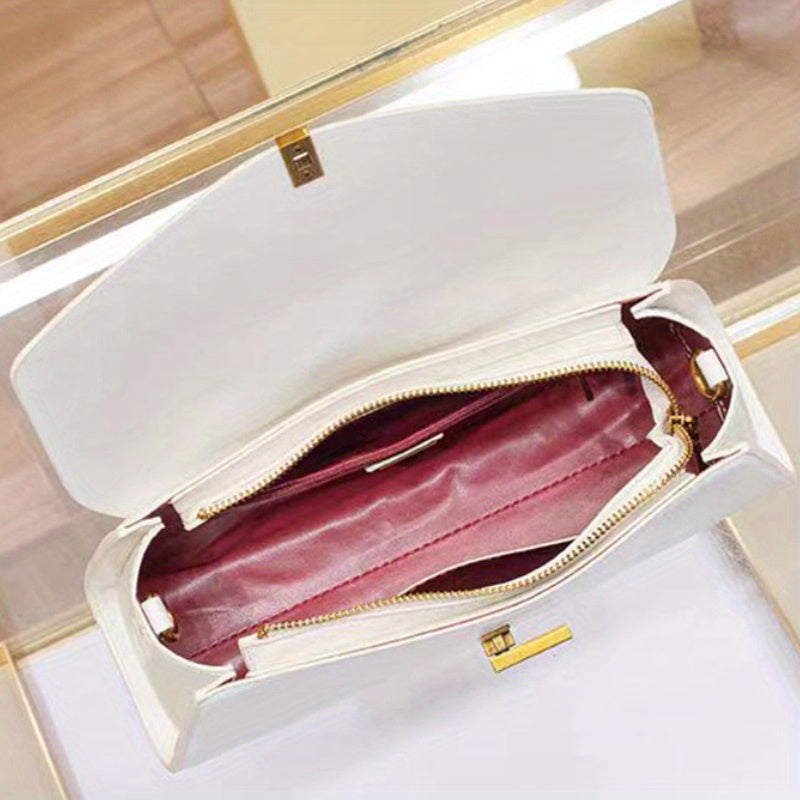 White French Baguette Crossbody Bag for Women — Gold-Tone Chain & Removable Shoulder Strap, Magnetic Closure, Split Leather