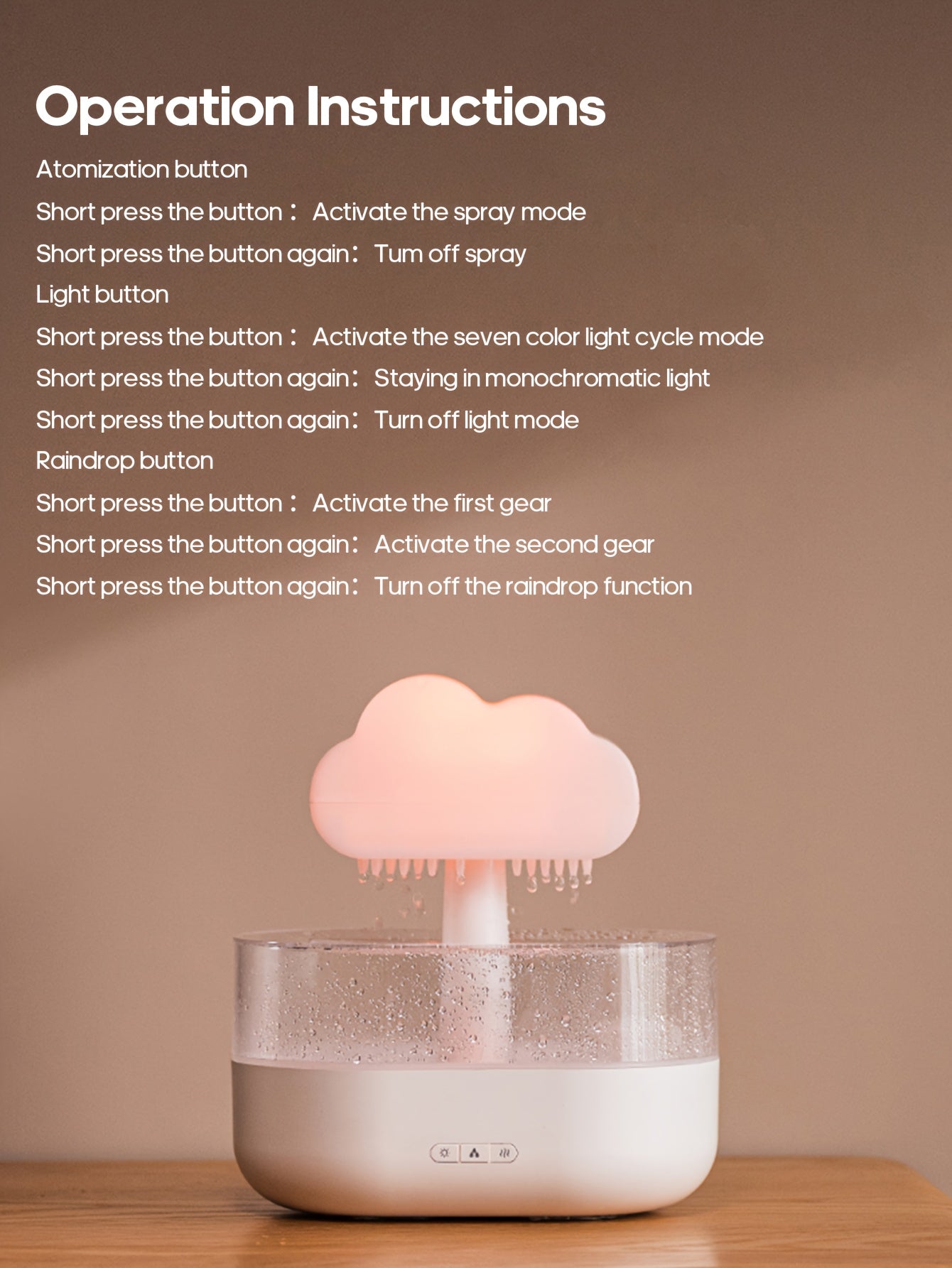 Raindrop Aroma Diffuser with Colorful LED Night Light – USB Rain Cloud Humidifier & Essential Oil Diffuser for Desktop (10–20 m² / 107–215 ft²)