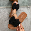 Women's Black and Brown Bow Flat Sandals – Round Toe Slip-On Flats for Spring and Summer Casual