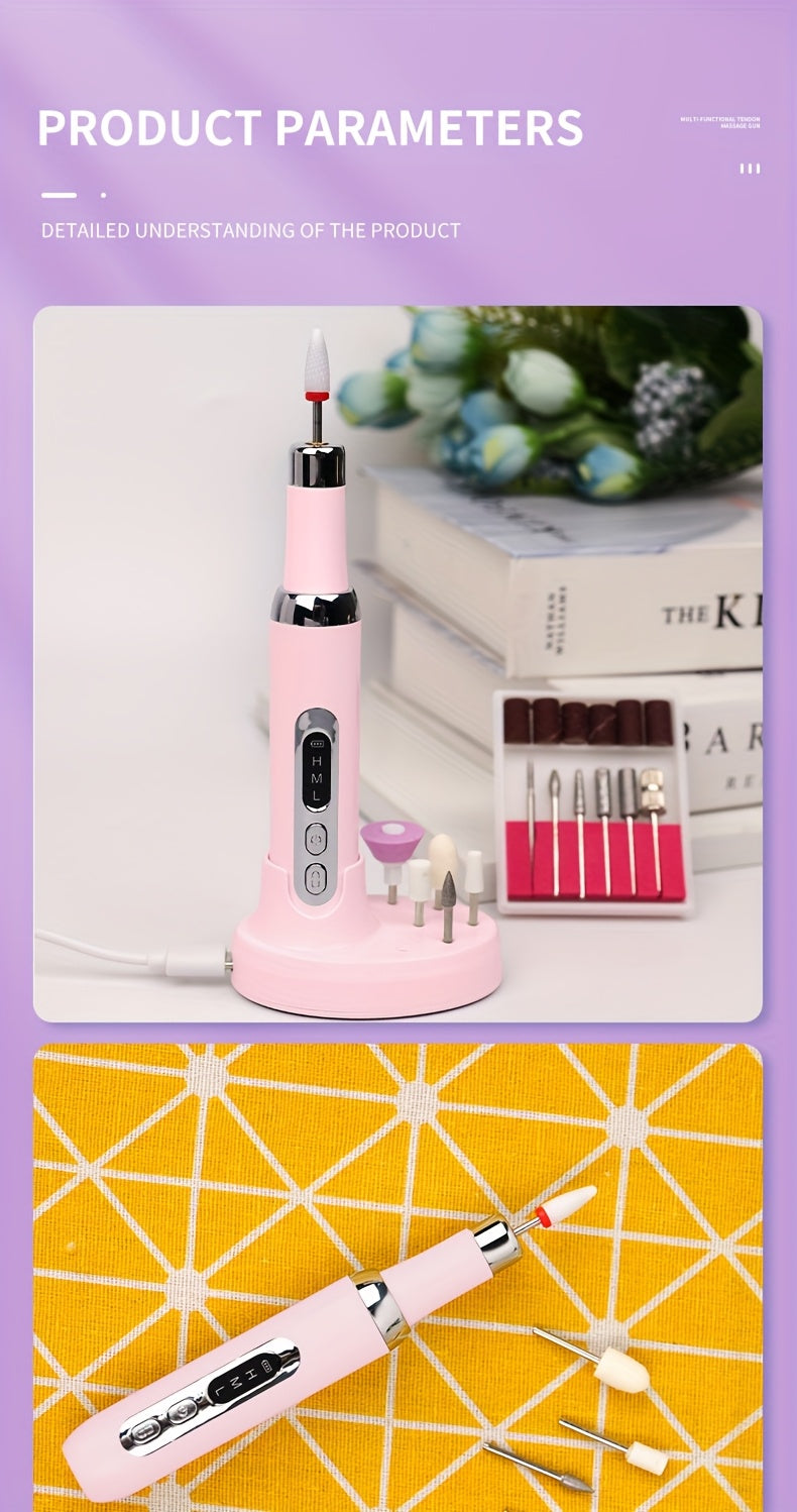 Cordless Electric Nail Drill Kit with Drill Bits & Sanding Bands, Rechargeable USB Manicure & Pedicure File for Acrylic Gel Nails (Bright Pink)