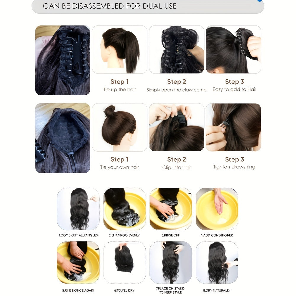 Claw Ponytail Clip-In Long Curly Wavy Synthetic Hair Extension, Heat-Resistant Fiber