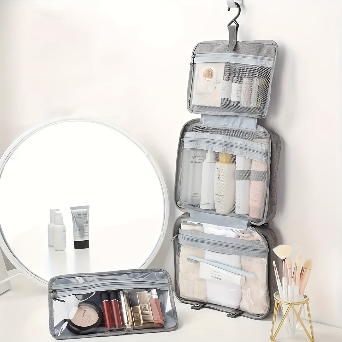 Large Capacity Foldable Travel Organizer Bag - Zippered Minimalist Polyester Pouch with Shoulder Strap