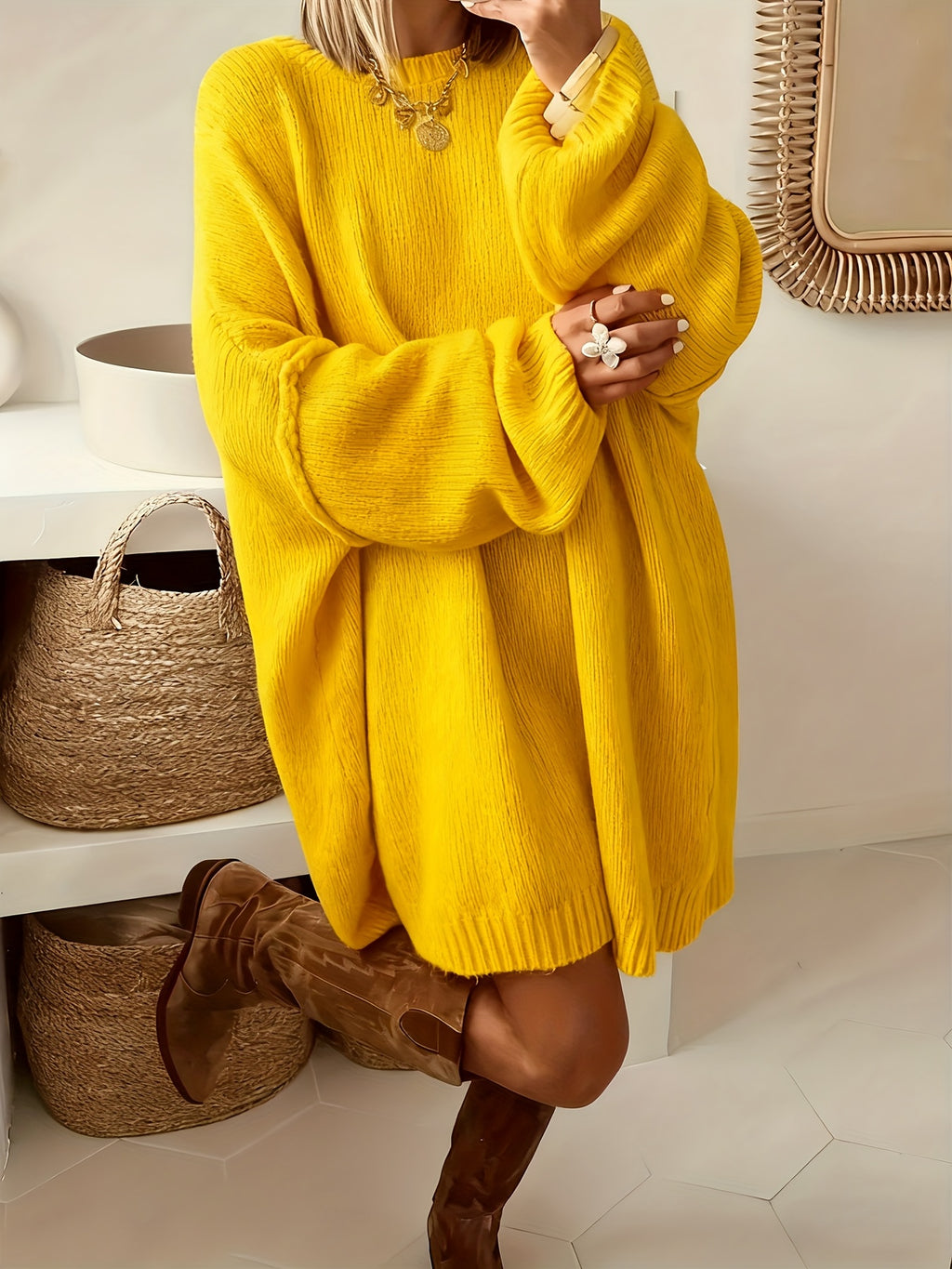 Plus Size Oversized Sweater Dress - Soft Beige Long Knit Pullover Coat, Crew Neck, Relaxed Fit, Machine Washable