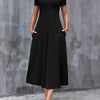 Women's V-Neck A-Line Short Sleeve Dress with Pockets, Casual Solid Color, Medium Stretch, Machine Washable, All-Season