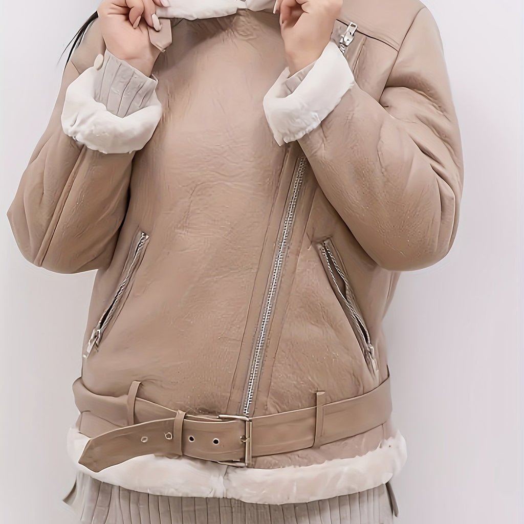 Women's Brown Faux Fur Motorcycle Jacket – Belted Zipper Jacket with Goldtone Hardware & Side Pockets