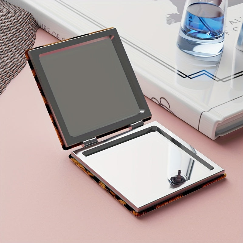 Leopard Print Foldable Double-Sided Portable Makeup Mirror, Compact Travel Vanity Mirror with Anti-Drop Glass, Powder-Coated Black Frame and Gold Hinges
