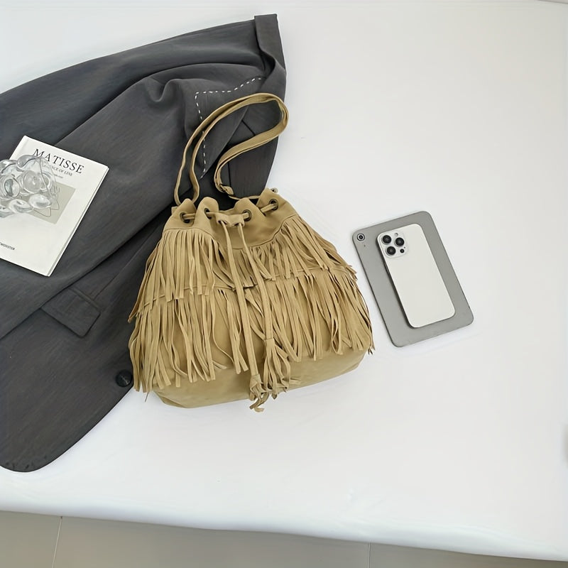 Women's Corduroy Bucket Bag with Tassel - Adjustable Foldable Crossbody Shoulder Bag, Magnetic Closure, Minimalist Urban Travel Purse (Khaki, Light Brown, Black)