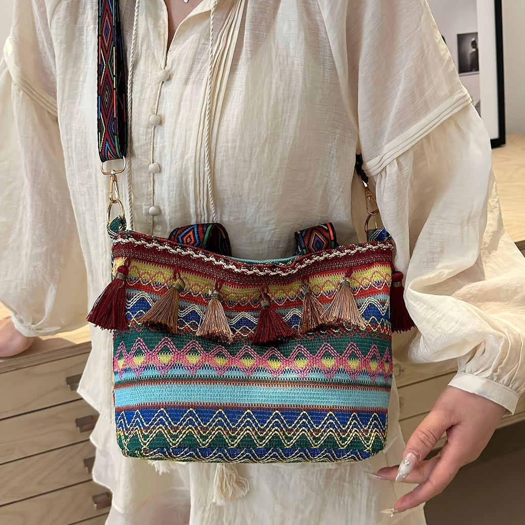 Boho Woven Fringe Bucket Bag – Geometric Embroidery, Adjustable Wide Strap, Lightweight Polyester Tote for Women