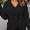 Plus Size Cable Knit Wrap V-Neck Sweater, Drop Shoulder Long Sleeve Pullover