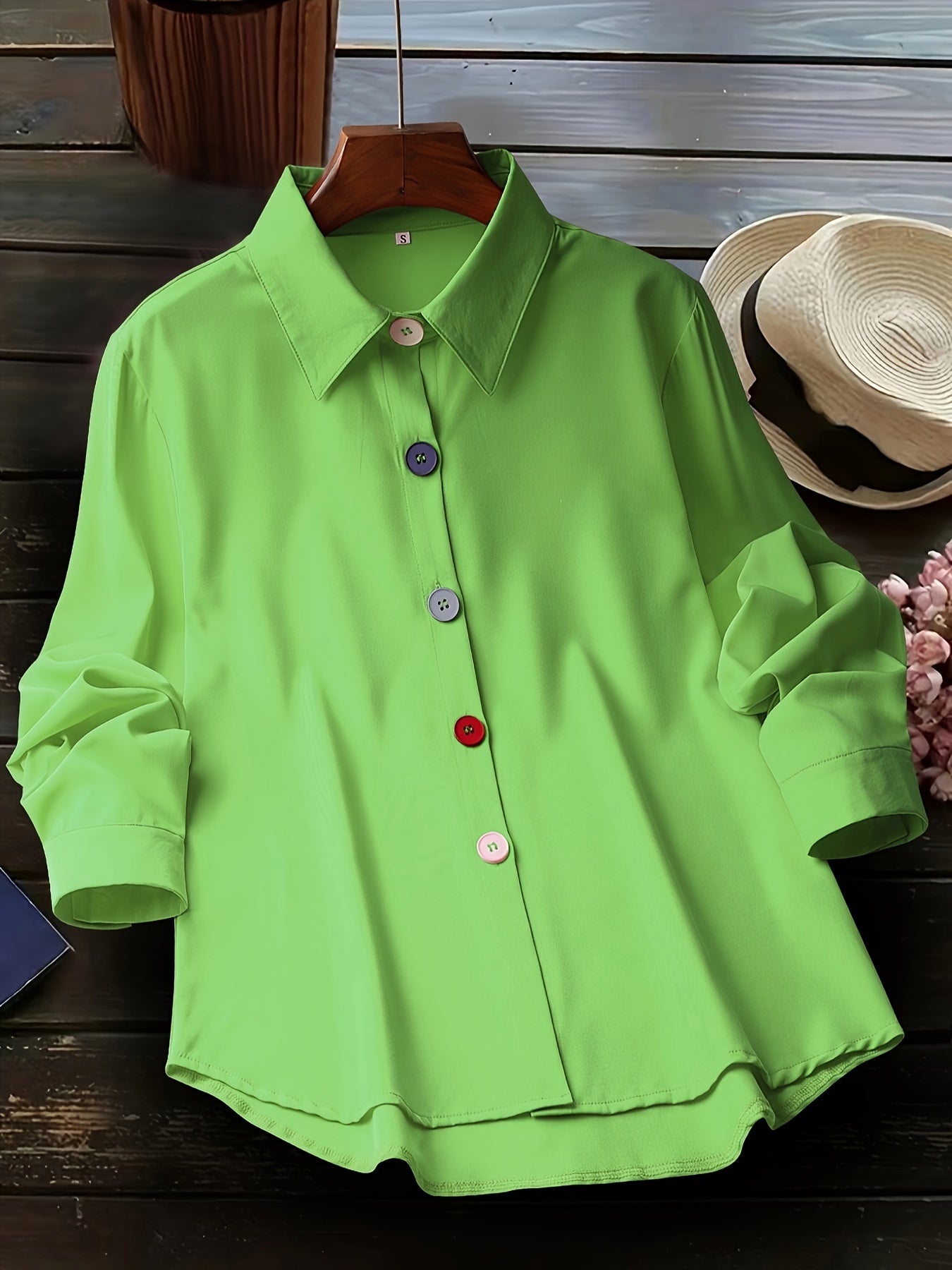 Women's Elegant Button-Front Blouse - Lapel Collar, Machine Washable All-Season Office & Casual Shirt - Green
