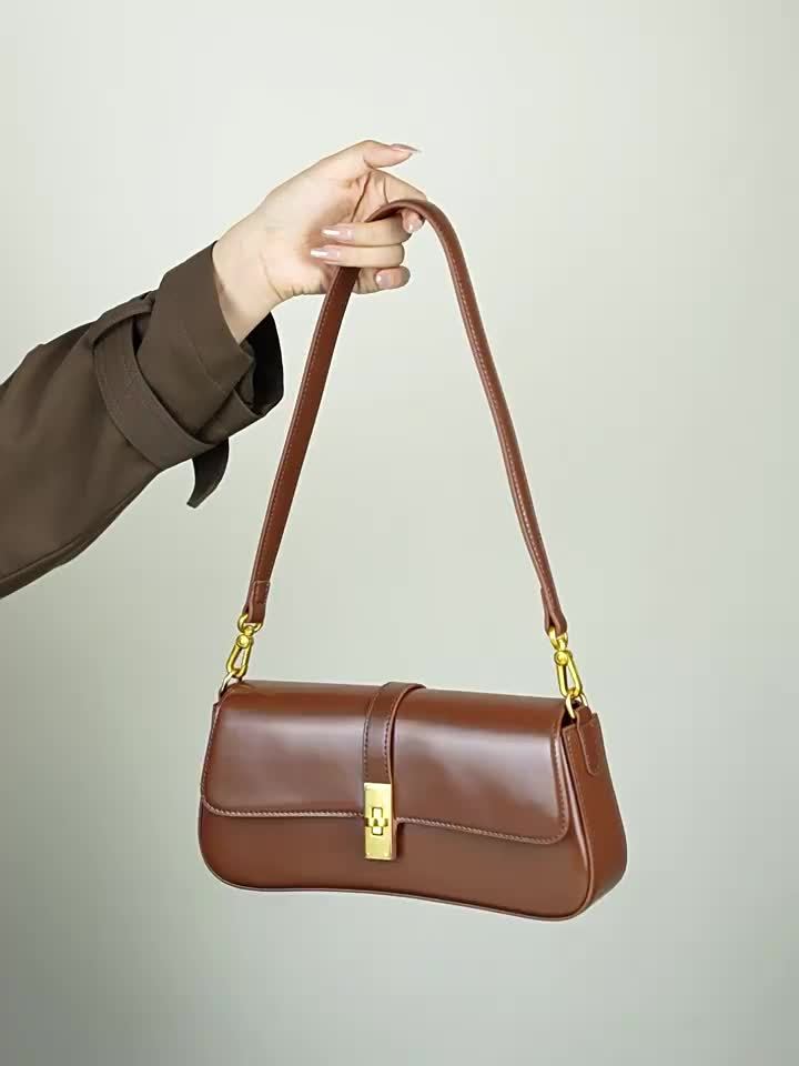 Women's Baguette Bag – Chic Detachable-Strap Crossbody Purse with Gold-Tone Clasp, Split Leather (Black, Burgundy, Silvery Grey, Coffee)