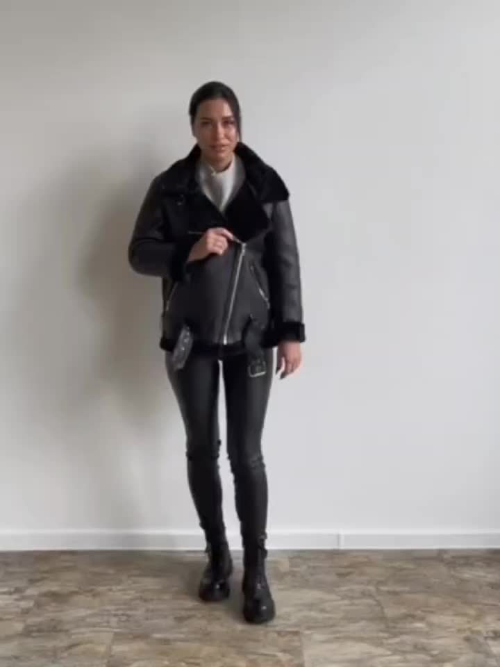 Women's Brown Faux Fur Motorcycle Jacket – Belted Zipper Jacket with Goldtone Hardware & Side Pockets