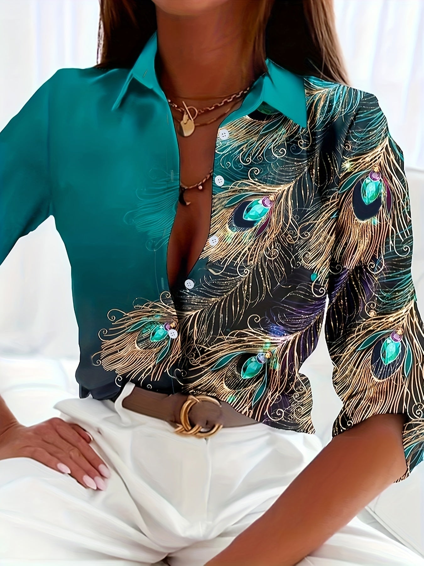 Women's Peacock Print Button-Front Blouse - Turquoise with Gold Buttons, Lapel Collar, All-Season Office & Party Top