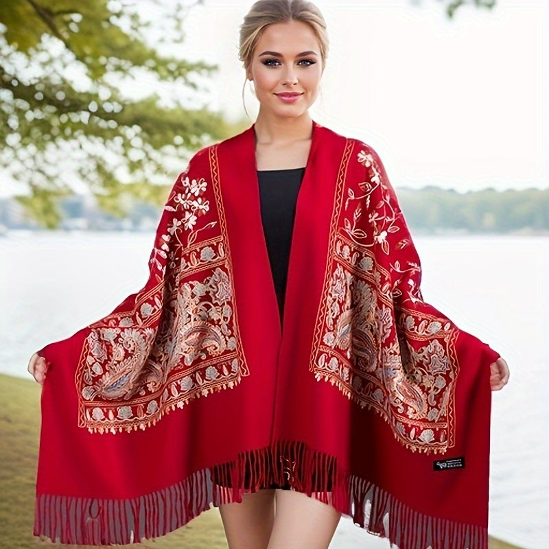 Bohemian Embroidered Floral Cashmere Scarf Shawl – Vintage Large Ethnic Wrap for Spring & Autumn