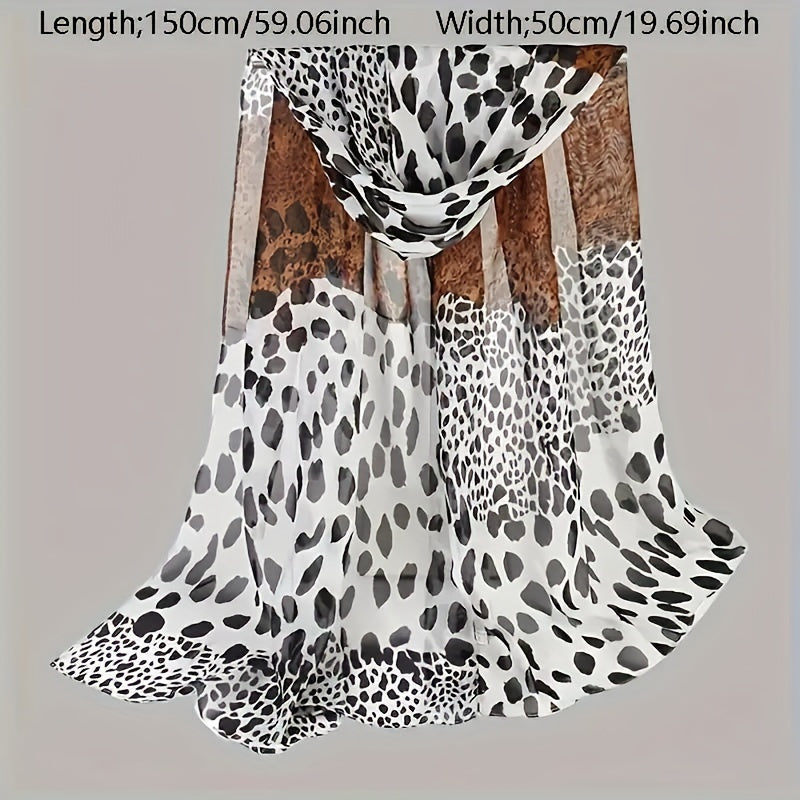 Boho Leopard Print Chiffon Scarf for Women - 100% Polyester Lightweight Shawl & Head Wrap for Travel, Beach, Going Out
