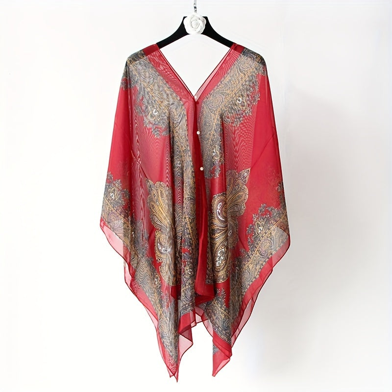 Plus Size Bohemian Floral Chiffon Shawl Scarf – Lightweight Wrinkle-Resistant Beach Cover-Up Wrap for Women