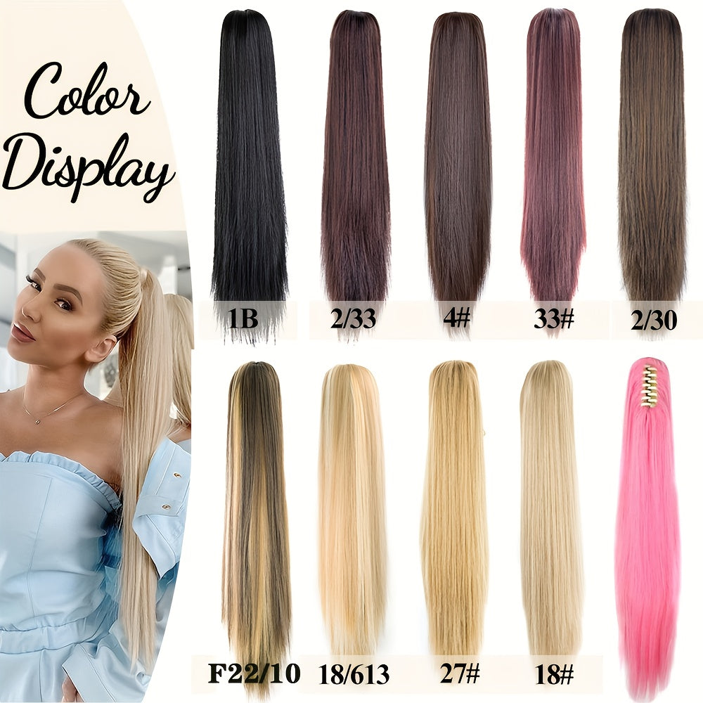22-Inch (56 cm) Straight Synthetic Ponytail Extension with Claw Clip - Heat-Resistant Black & White Hairpiece for Women