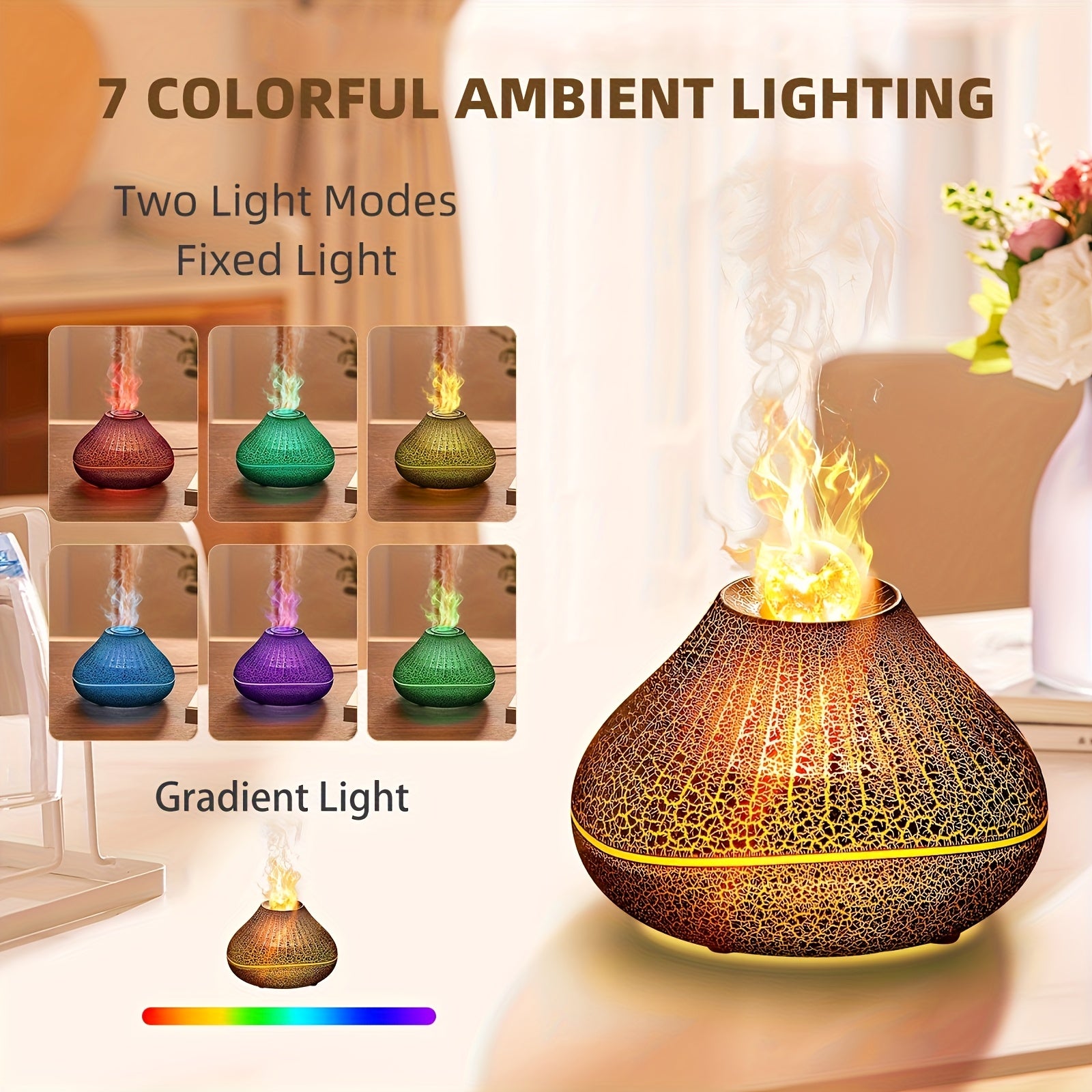 7-Color LED Aroma Diffuser with Realistic Lava Flame Effect — USB Essential Oil Diffuser, 1.1–2.5L Tank, Dry Burn Protection & Quiet Soundwave Operation for Home, Office, Bathroom