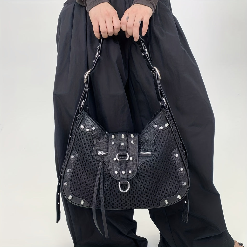 Women's Large Capacity Y2K Retro Mesh Bucket Bag - Adjustable Strap, Multi-Pocket Nylon Crossbody with Gold-Tone Hardware & Zipper Closure