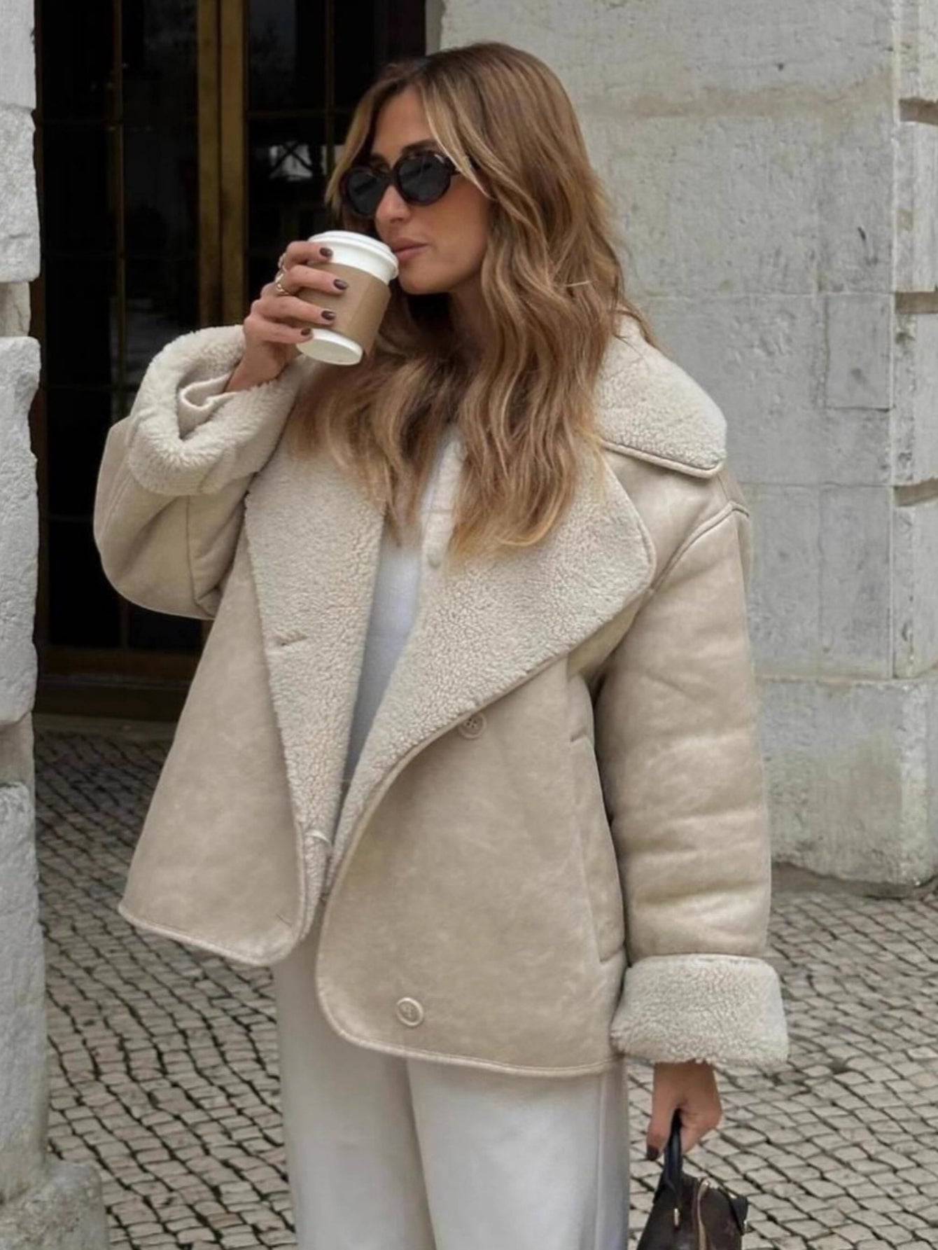 ARTPAGE Women's Suede-Like Faux Leather Jacket with Fur Lining — Short H-Line Black Winter Coat, Button Front Collar