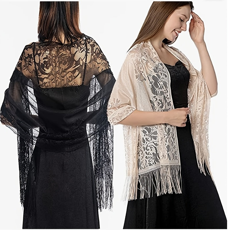 Floral Lace Tassel Scarf Shawl for Women - Bridal Mesh Fringe Wrap for Wedding & Evening