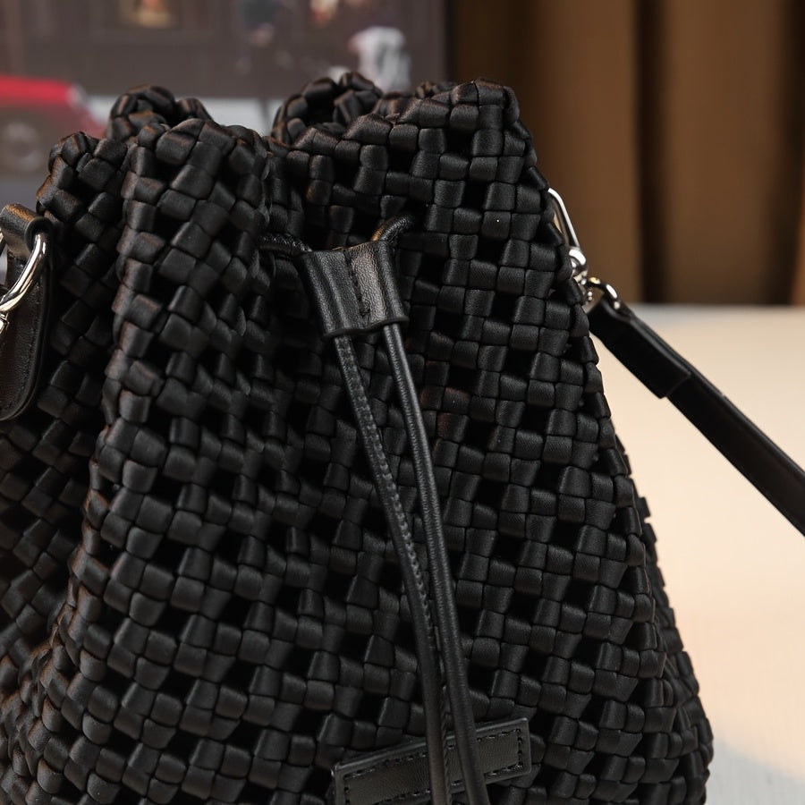 Women's Handwoven Mini Bucket Bag - Detachable Adjustable Shoulder Strap, Drawstring Closure, Durable Nylon Crossbody Purse, Black