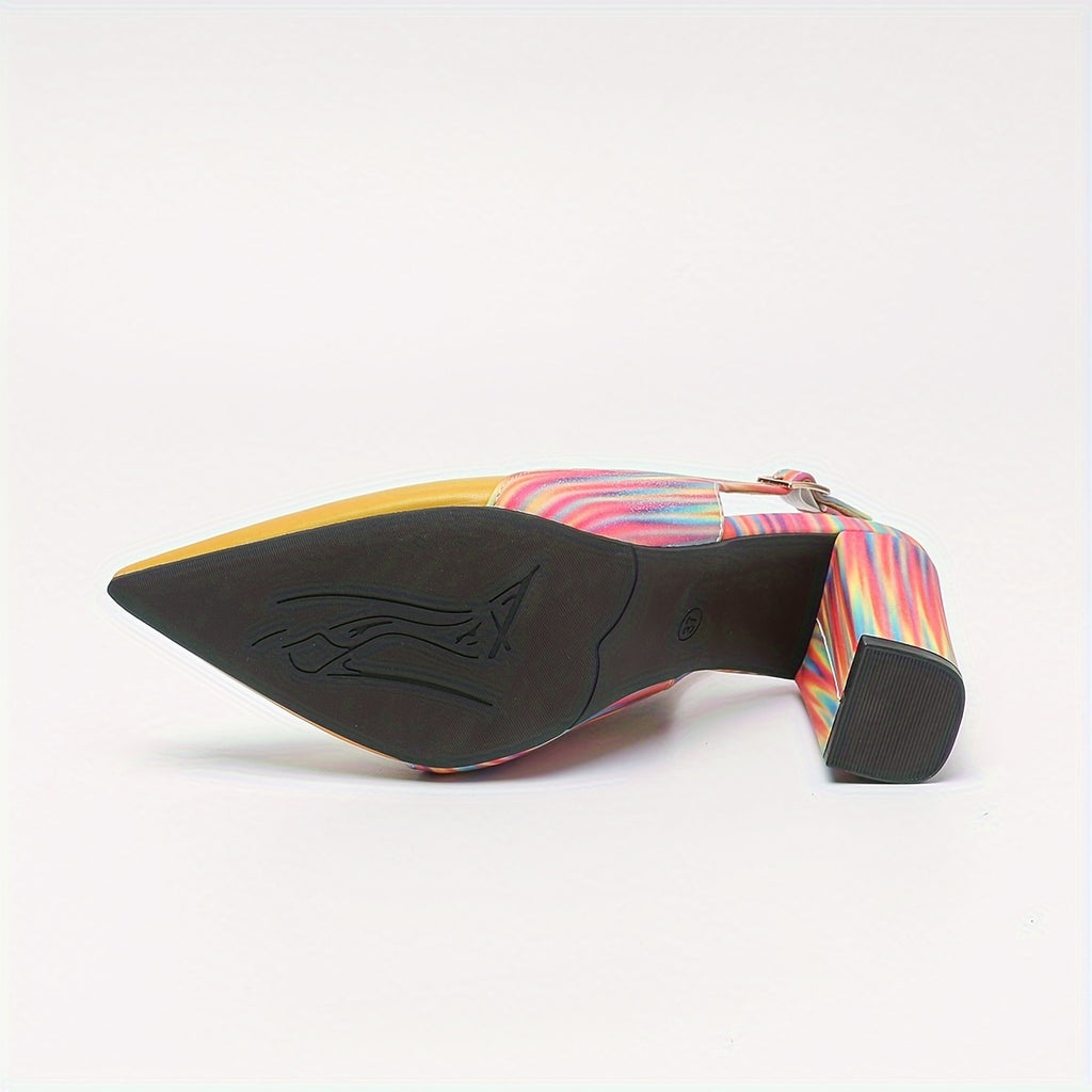 Rainbow Chunky Block Heel Pointed-Toe Non-Slip Slip-On Women's Heeled Sandals