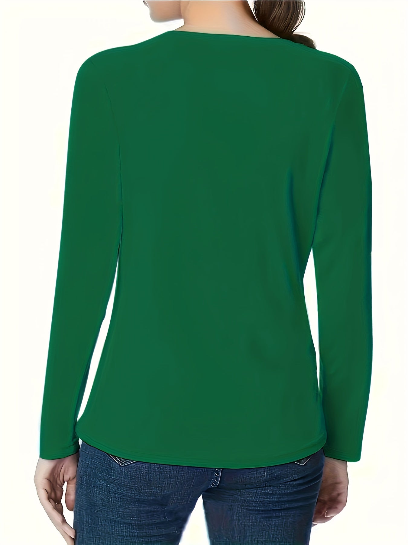 Women's Green Long Sleeve Tunic Top with Floral Embroidered Collar — Stretchy Relaxed Blouse for Casual & Office Wear