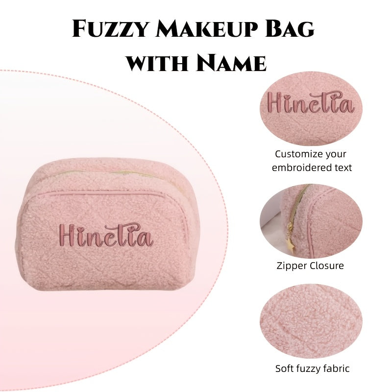 Personalized Embroidered Fuzzy Quilted Cosmetic Bag - Custom Makeup Pouch with Zipper & Shoulder Strap for Women