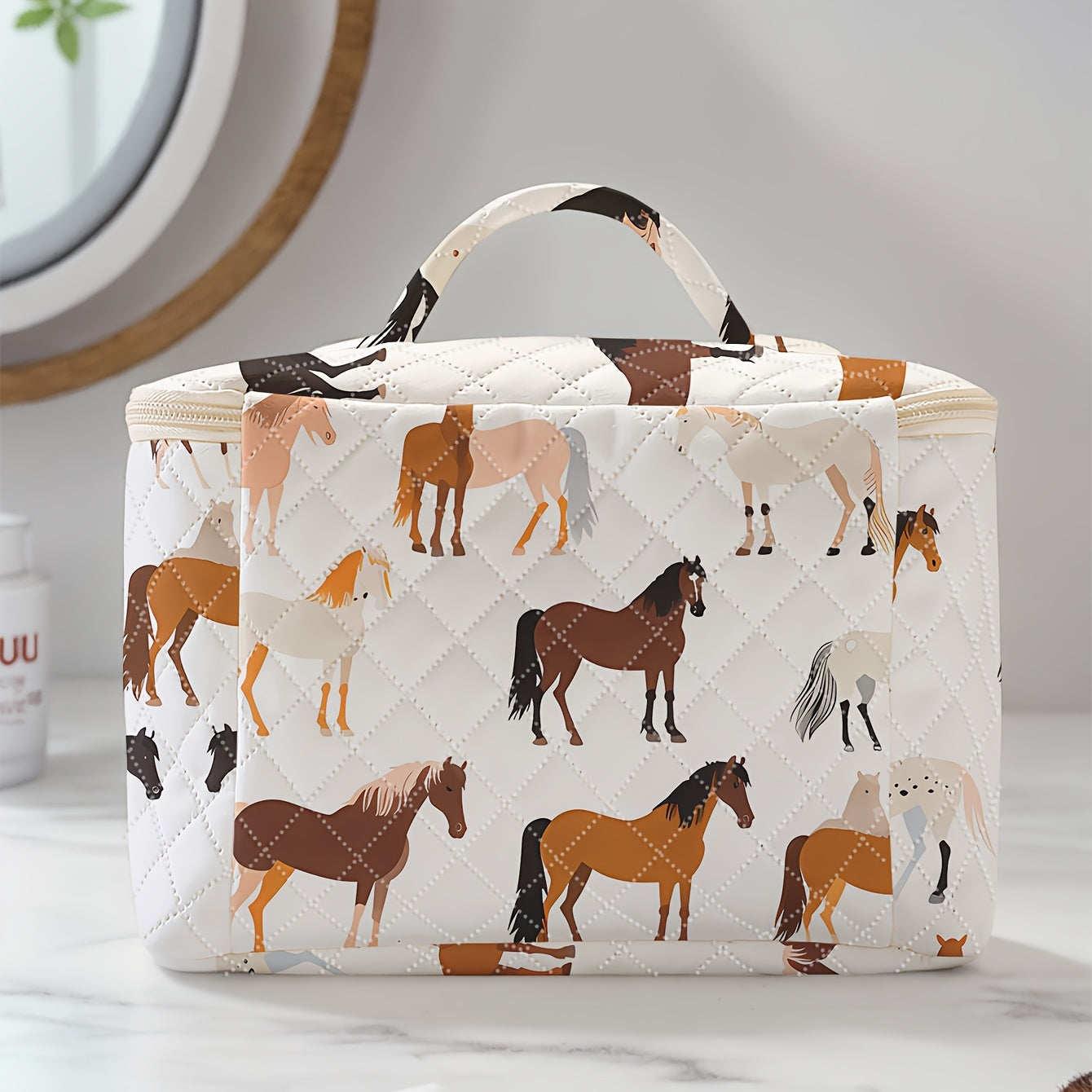 Horse Print Makeup Bag - Travel Cosmetic Case Organizer for Brushes & Toiletries, Durable Polyester, Zip Closure, Multi-Compartment