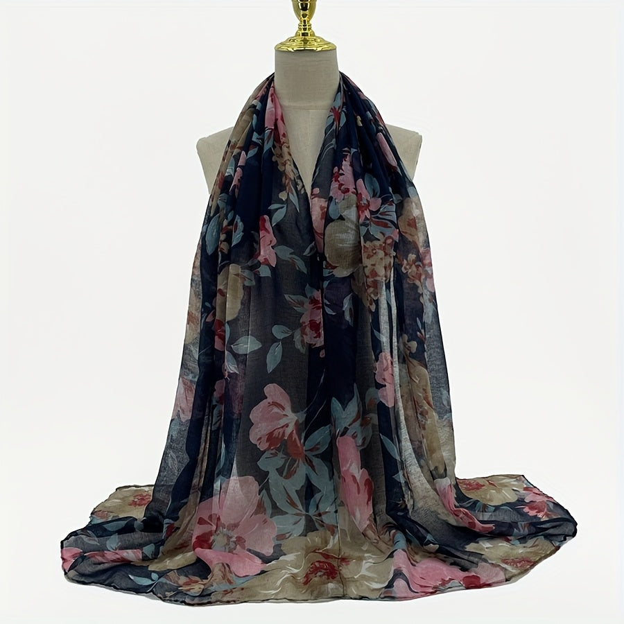 Vintage Paisley Ombre Scarf – Long 180 x 70 cm (70.85 x 27.5 in) Polyester Shawl for Women, Brown-to-Blue Geometric Floral Print