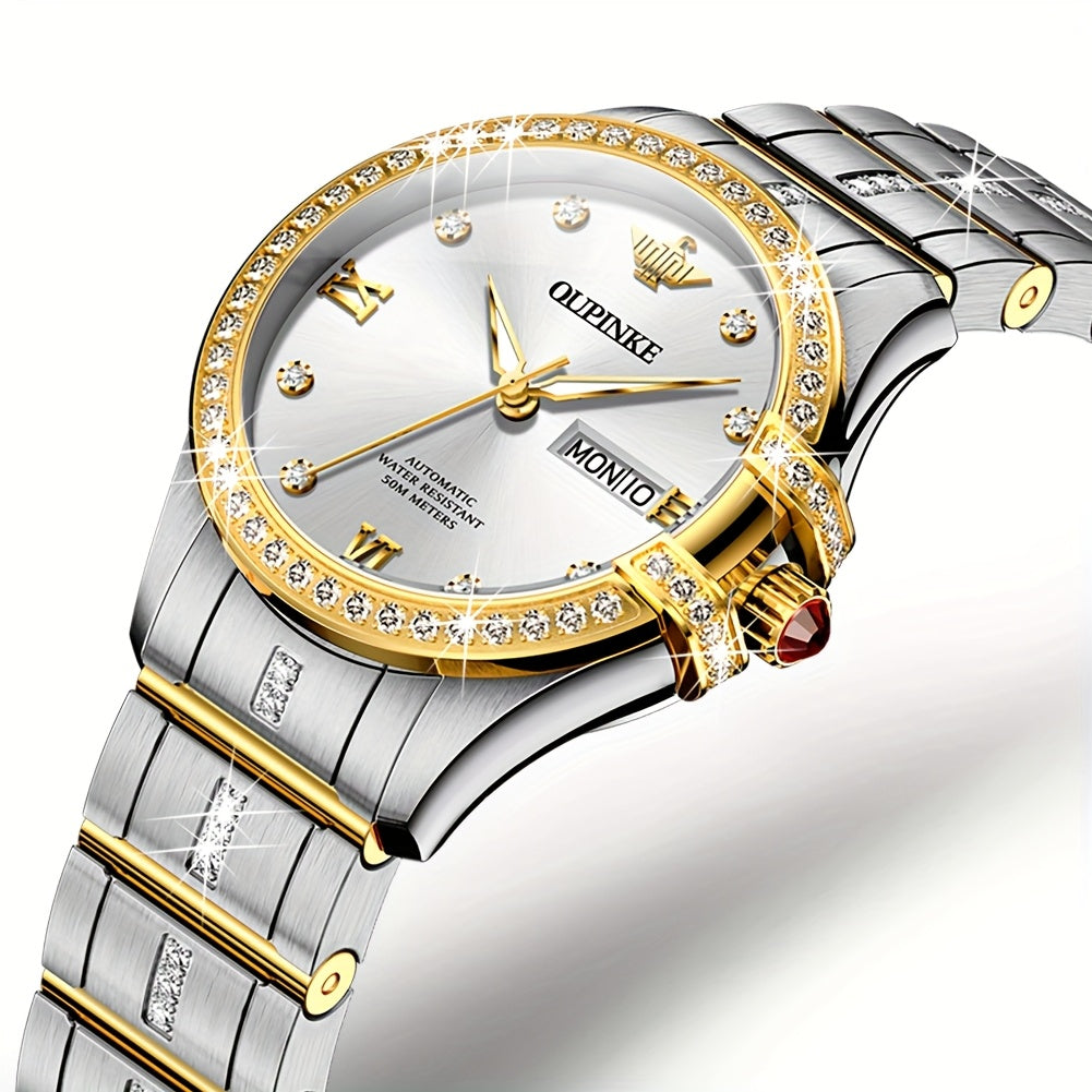 OUPINKE Women's Automatic Mechanical Watch – Two-Tone Stainless Steel, Luminous Dial, Day & Date Dress Watch
