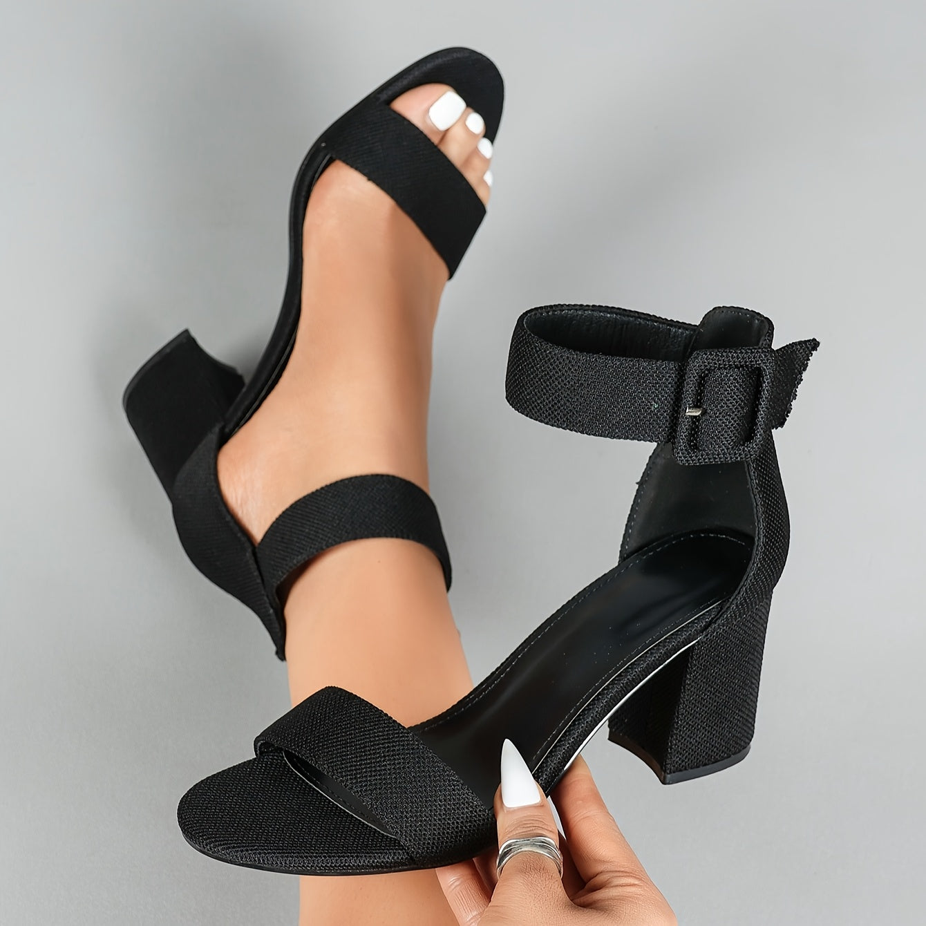 Lightweight Breathable Women's Knit Heeled Sandals - Minimalist Open Toe Block Heel with Adjustable Ankle Strap, 11 Colors