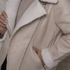 Women's Brown Faux Fur Motorcycle Jacket – Belted Zipper Jacket with Goldtone Hardware & Side Pockets
