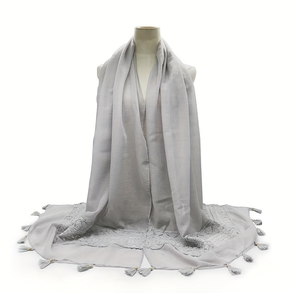 Embroidered Hollow Lace Tassel Scarf for Women — Elegant Lightweight Windproof Wrap for Cold Weather & Eid
