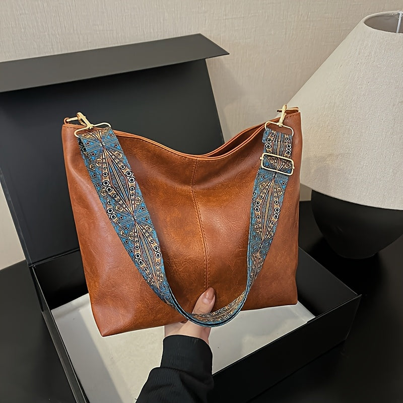 DISSEFA-TECH Women's Bucket Bag with Wide Floral Strap — Small Crossbody Shoulder Bag with Zipper & Polyester Lining, Removable Strap, Brown/Black