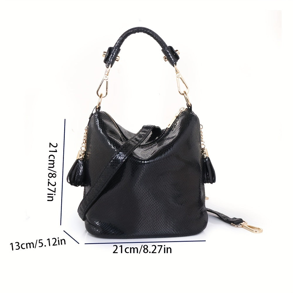 Snakeskin Faux Leather Shoulder Bag for Women - Adjustable Strap Tassel Zippered Handbag Black and Gold