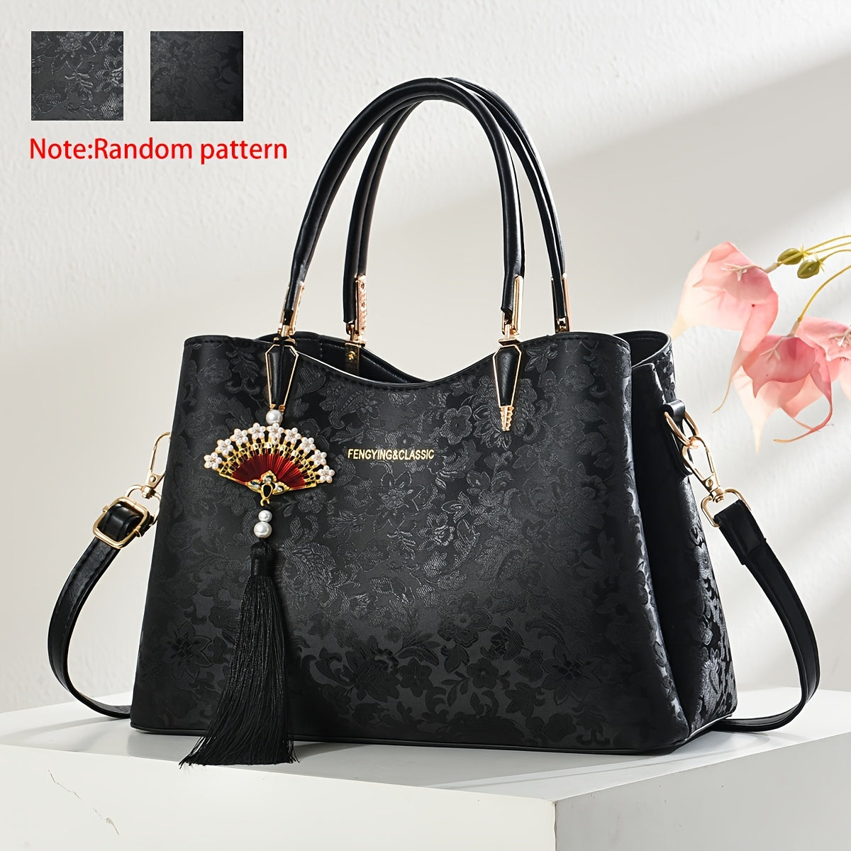 FKTSR Women's Quilted Floral Convertible Handbag with Tassel - Faux Leather Shoulder Bag & Clutch, Magnetic Closure, Removable Strap - Olive Green, Black, Beige