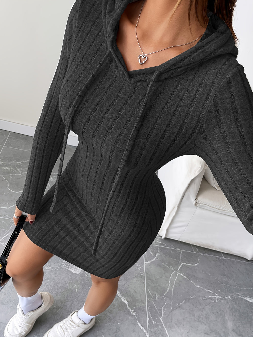 Ribbed Drawstring Hooded Bodycon Dress — Women's Rib-Knit Pencil Dress