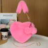 Plush Heart-Shaped Faux Fur Shoulder Bag with Pom-Pom Wristlet - Zipper Closure Cozy Winter Handbag (Beige, Pink, White, Red, Black)