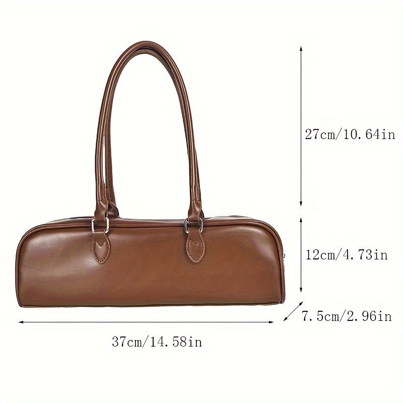 Vintage-Inspired Extra-Long Baguette Handbag for Women - Brown PU Two-Handle Zipper Tote