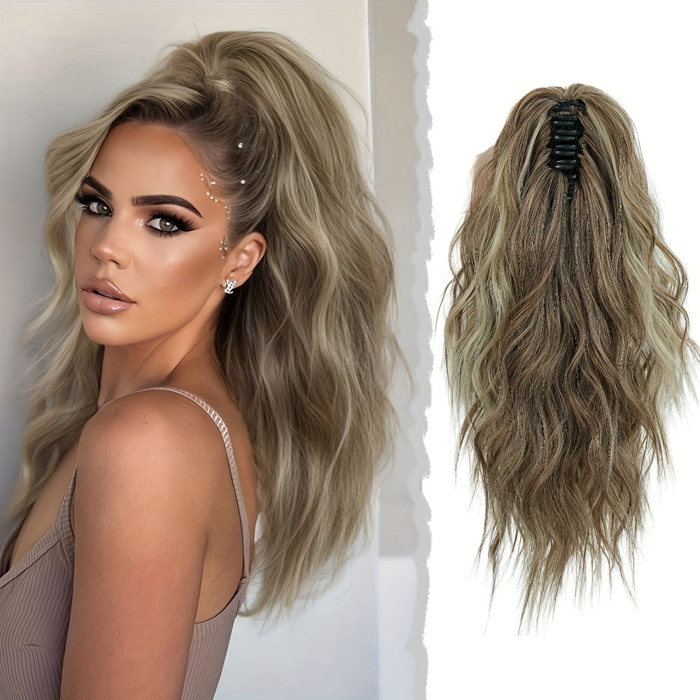 7JHH WIGS Water Wave Clip-In Ponytail Extensions – 18-inch (45 cm) Light Beige & Brown with Blonde Highlights, Natural Brown Roots, Heat-Resistant Synthetic for Volume & Length